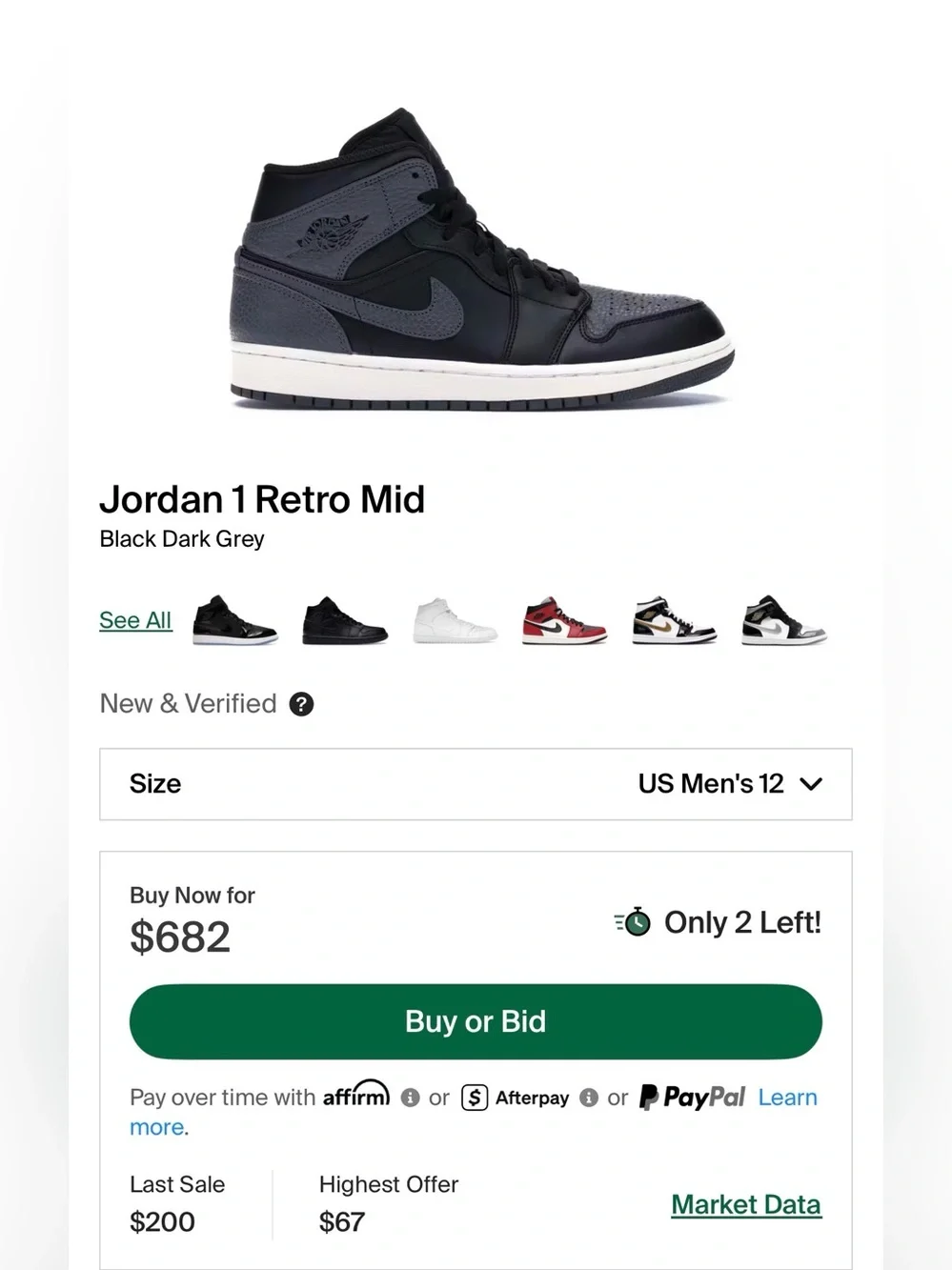 Jordan 1 Retro Mid ‘Black Dark Grey’ 2017 (Sz 12M)